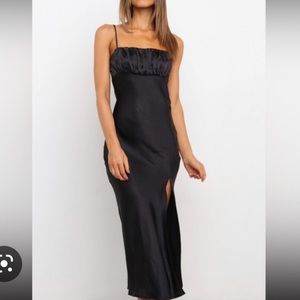 petal and pup black slit square neck midi dress